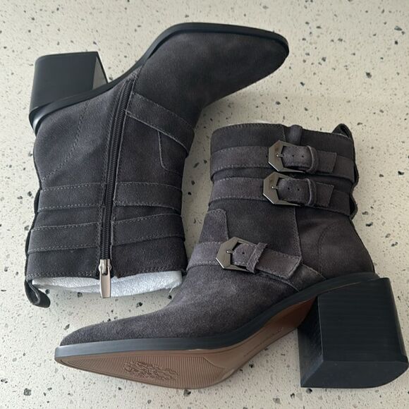 Vince Camuto Kempreea Gray Suede Buckles Mid-Shaft Boots Block Heel Zip 7 Wide - Picture 10 of 13